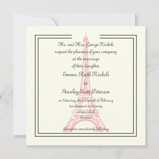 パリス結婚ズピンクエッフェルタワークラシックアイボリー 招待状 (正面)