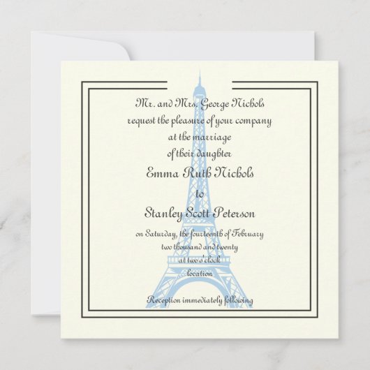 パリス結婚ズブルーエッフェルタワーアイボリー 招待状 (正面)