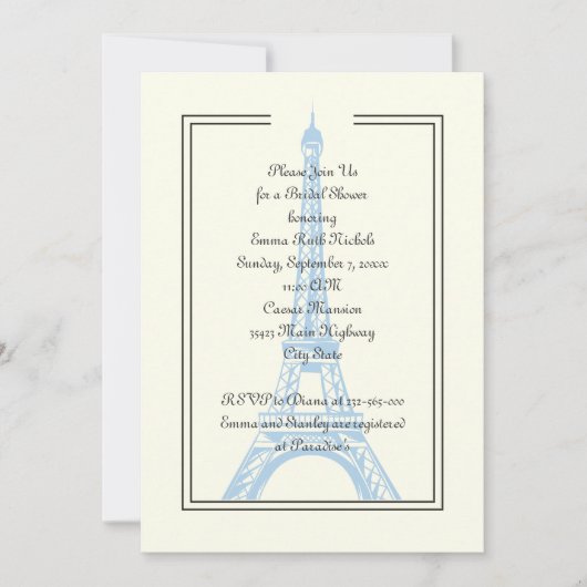 パリス結婚ズブルーエッフェルタワーブライダルシャワー 招待状 (正面)