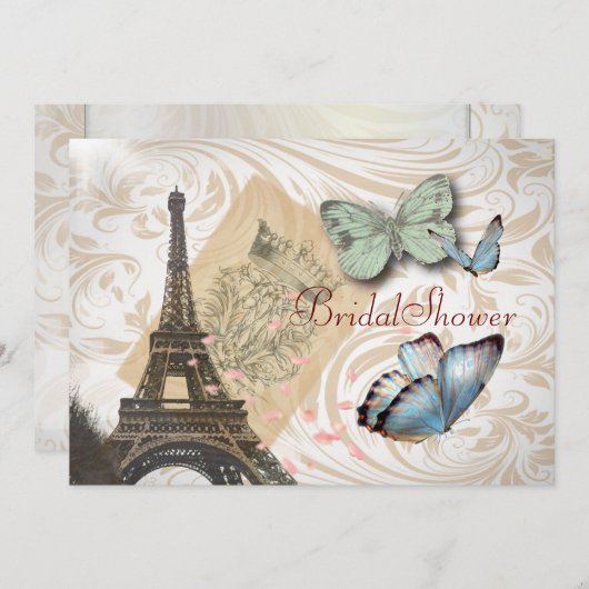 パリバタフライエレガントヴィンテージブライダルシャワー 招待状 (正面/裏面)