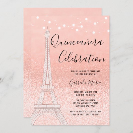 パリバラ金ゴールドグリッターライツキンセアニラ 招待状 (正面/裏面)