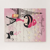 パリパーソナライズされたスエッフェルタワーの少女と猫 ジグソーパズル (横)