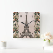 パリピンクローズつる植物エッフェルタワーシャビーシック スクエア壁時計 (ホーム)