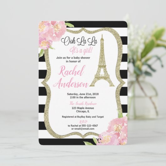 パリフランスのの赤ちゃんシャワー招待少女ピンク金ゴールド 招待状 (スタンド正面)
