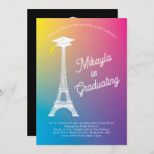 パリフランスのエッフェルタワー卒業パーティーレインボー 招待状 (正面/裏面)