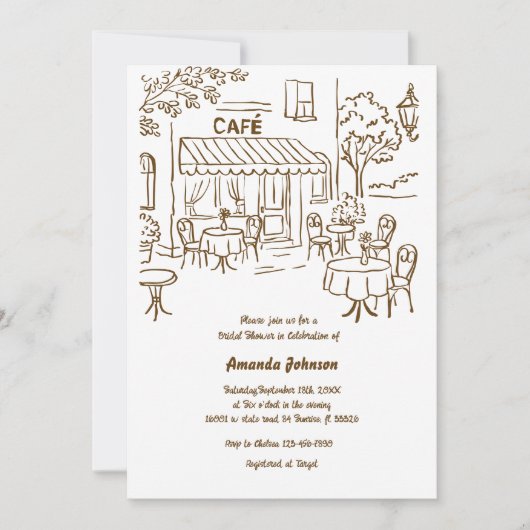 パリフランスのカフェアフタヌーンティーブライダルシャワー 招待状 (正面)