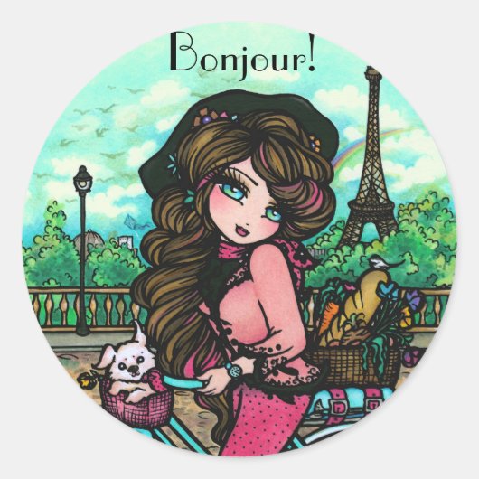 パリフランスのガールボンジュールStickers by Hannah Lynn ラウンドシール (正面)