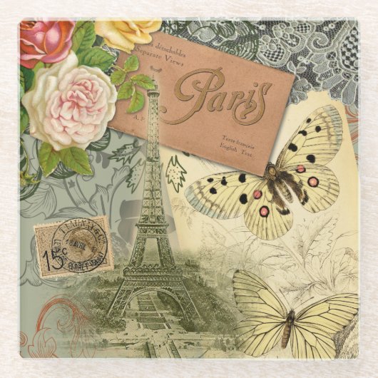 パリフランスアンティークアートワークコラージュフランスのエッフェル ガラスコースター (正面)