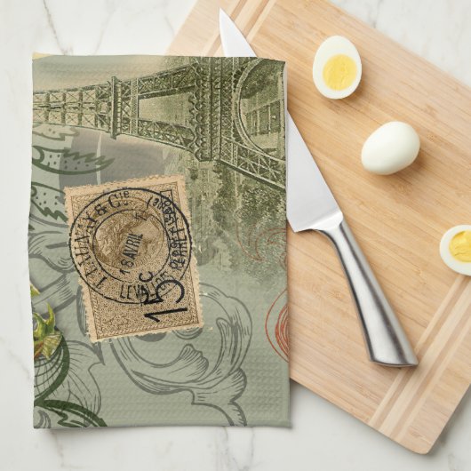 パリフランスアンティークアートワークコラージュフランスのエッフェル キッチンタオル (四つ折り)