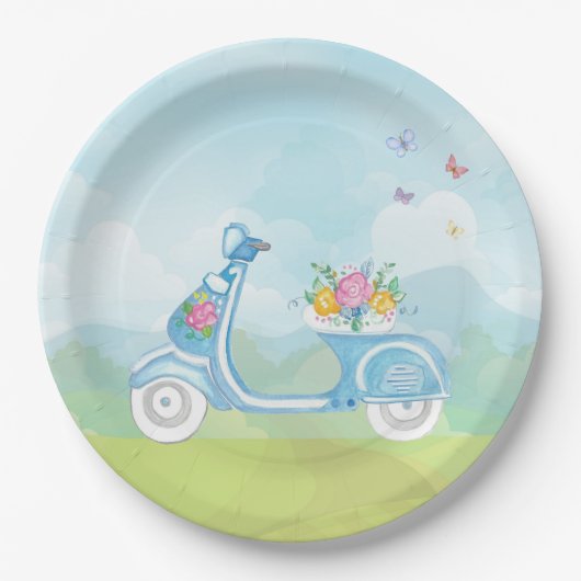 パリフランスエッフェルタワーとスクーターパーティーテーマ ペーパープレート (正面)