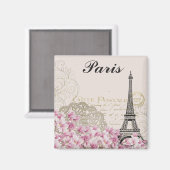 パリフランスエッフェルタワーヴィンテージピンクの花 マグネット (正面/裏面)