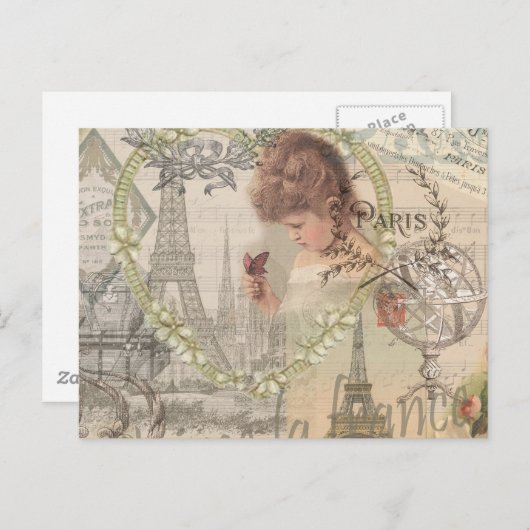 パリフランスガールかわいらしエッフェル ポストカード (正面/裏面)