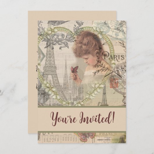 パリフランスガールかわいらしエッフェル 招待状 (正面/裏面)