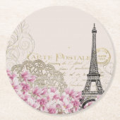 パリフランストラベルデザインwithエッフェルピンクローズ ラウンドペーパーコースター (正面)
