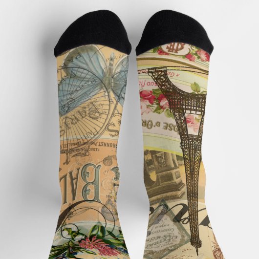 パリフランスヴィンテージ旅行カラフルアートワーク ソックス (上部)