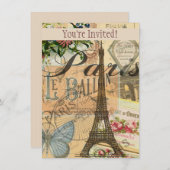 パリフランスヴィンテージ旅行カラフルアートワーク 招待状 (正面/裏面)