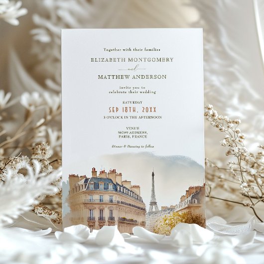 パリフランス目的地ウェディングウォーターカラー 招待状