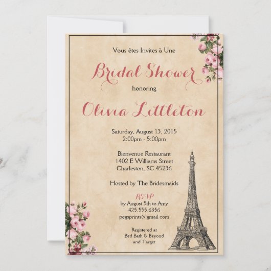 パリブライダルシャワーインビテーションピンクフローラ 招待状 (正面)