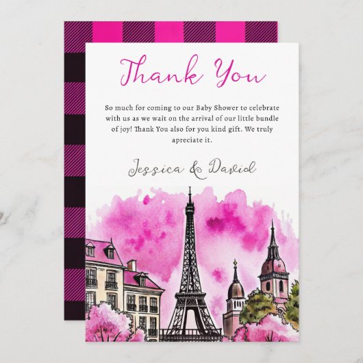 パリボンジュールベフランスのブピンクブラックベビーシャワー サンキューカード (正面/裏面)