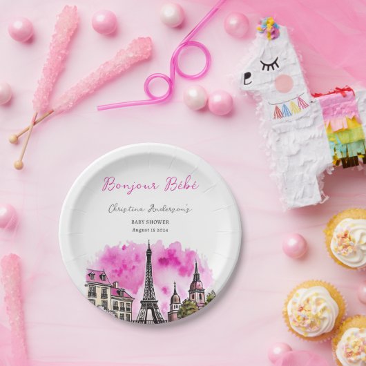 パリボンジュールベフランスのブピンクブラックベビーシャワー ペーパープレート (パーティー)
