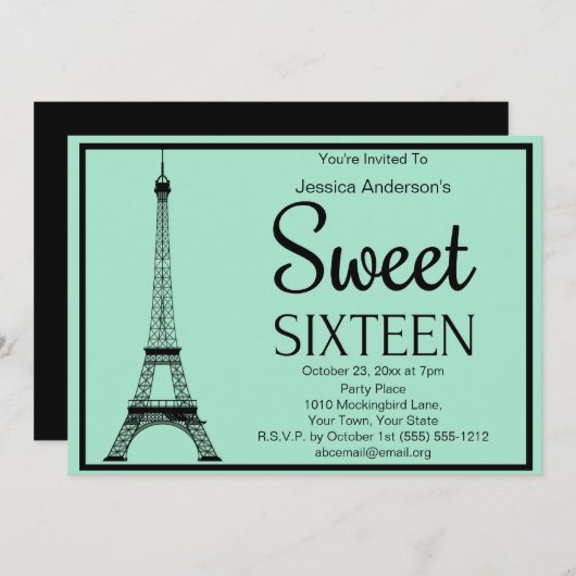 パリミントグリーンブラックエッフェルタワーSweet sixteen 招待状 (正面/裏面)