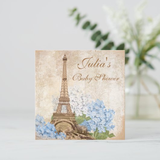 パリヴィンテージブルーアジサイ赤ちゃんシャワー 招待状 (スタンド正面)