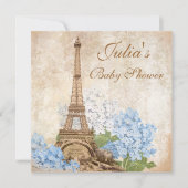 パリヴィンテージブルーアジサイ赤ちゃんシャワー 招待状 (正面)