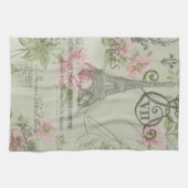 パリ真新しいピンクの花の植物のエッフェル塔 キッチンタオル (横)