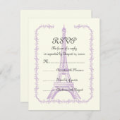 パリ結婚のパープルエッフェルタワーオンアイボリーRSVP 出欠カード (正面/裏面)