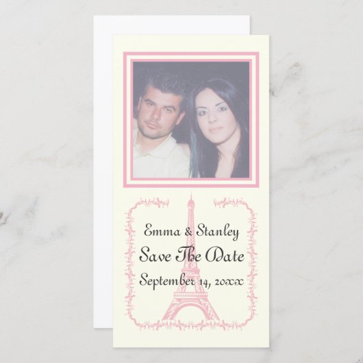 パリ結婚のピンクのエッフェルタワー セーブザデート (正面/裏面)