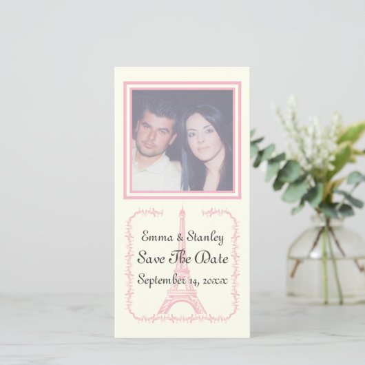 パリ結婚のピンクのエッフェルタワー セーブザデート (スタンド正面)