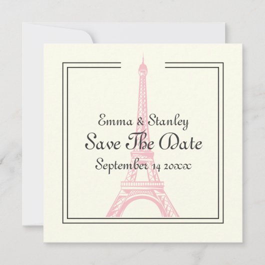 パリ結婚のピンクのエッフェルタワーSave the Date card セーブザデート (正面)