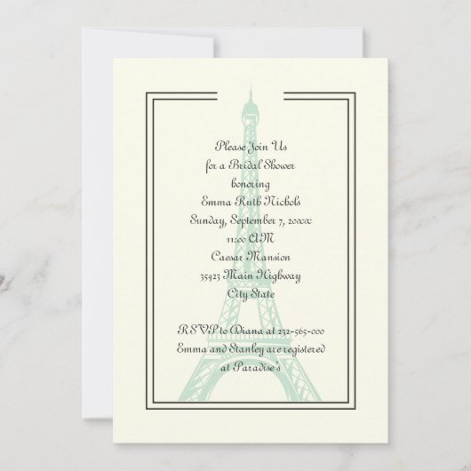 パリ結婚のミントエッフェルタワーブライダルシャワー 招待状 (正面)