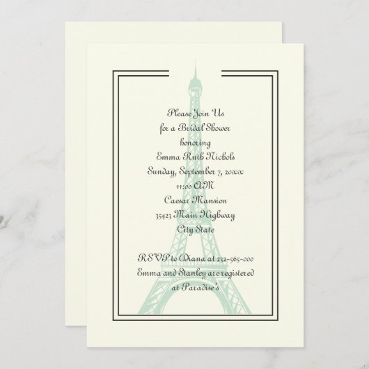 パリ結婚のミントエッフェルタワーブライダルシャワー 招待状 (正面/裏面)