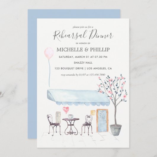 パリ結婚のリハーサルディナーウォーターカラーフローラ 招待状 (正面/裏面)