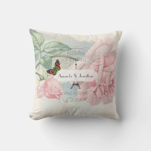 パリ結婚のヴィンテージシャビーシックなピンクローズカスタム クッション (正面)