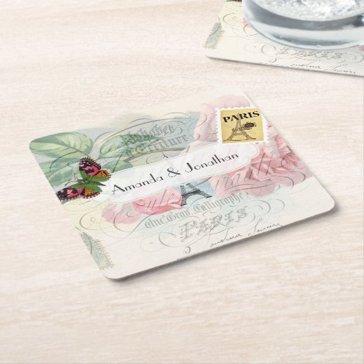 パリ結婚のヴィンテージシャビーシックなピンクローズカスタム スクエアペーパーコースター (アングル)