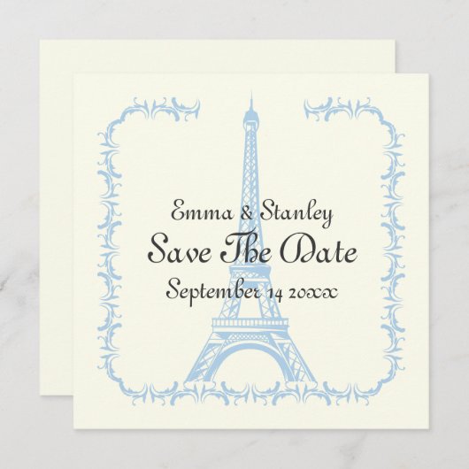 パリ結婚の青いエッフェルタワーSave the Date card セーブザデート (正面/裏面)