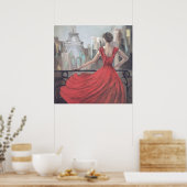 パリ芸術的スで赤いドレスを着た婦人 ポスター (キッチン)