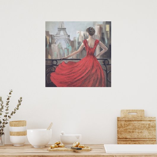 パリ芸術的スで赤いドレスを着た婦人 ポスター (キッチン)