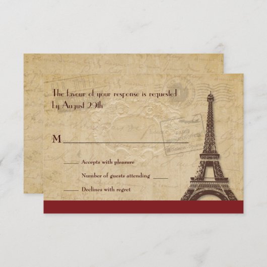 パリ行き先の結婚式の応答 出欠カード (正面/裏面)
