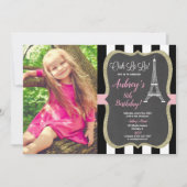 パリ誕生日ピンク金ゴールドグリッター写真チャルクボード 招待状 (正面)