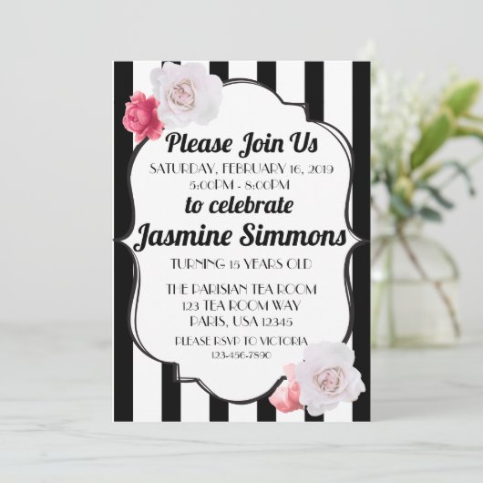 パリ風のブラック&ホワイトの花柄ローズ 招待状 (スタンド正面)