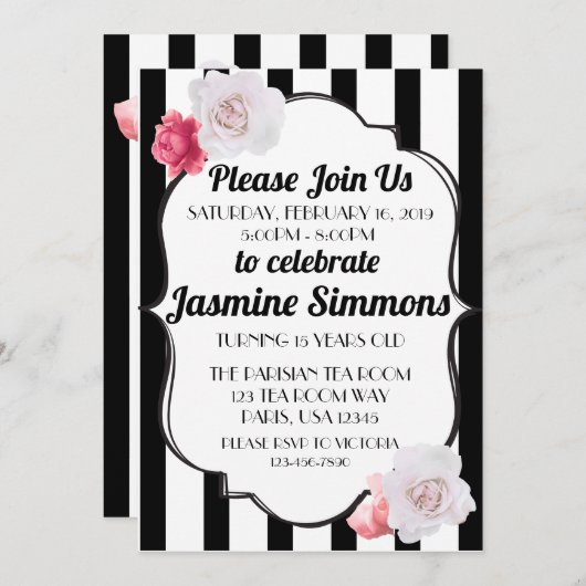 パリ風のブラック&ホワイトの花柄ローズ 招待状 (正面/裏面)