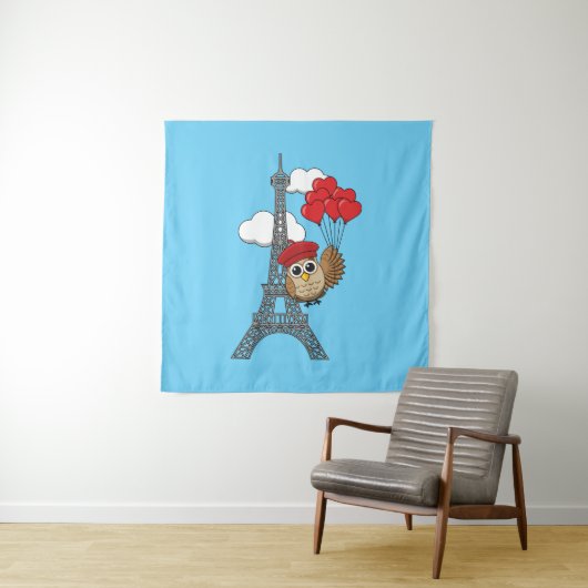 パリ飛んでいるでハートバルーン付きフクロウ タペストリー (インサイチュ)
