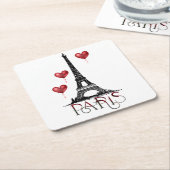 パリ、エッフェルタワーと赤いハートバルーン スクエアペーパーコースター (アングル)