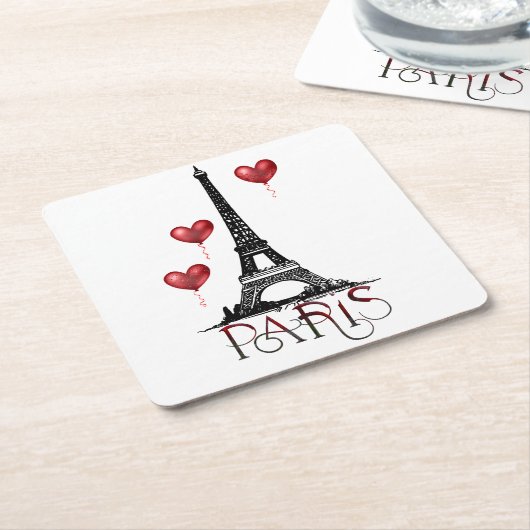 パリ、エッフェルタワーと赤いハートバルーン スクエアペーパーコースター (アングル)