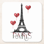 パリ、エッフェルタワーと赤いハートバルーン スクエアペーパーコースター (正面)