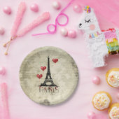 パリ、エッフェルタワーと赤いハート風船スクリプト ペーパープレート (パーティー)