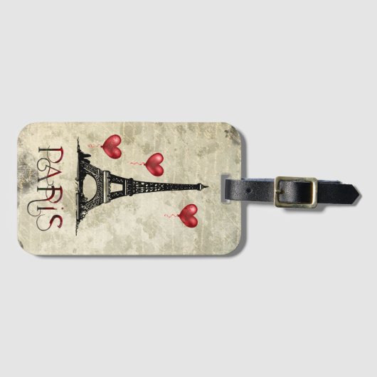 パリ、エッフェルタワーと赤いハート風船スクリプト ラゲッジタグ (正面横)